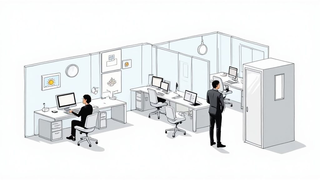 A modern Orlando office with collaborative hubs and private pods designed by office space planners.