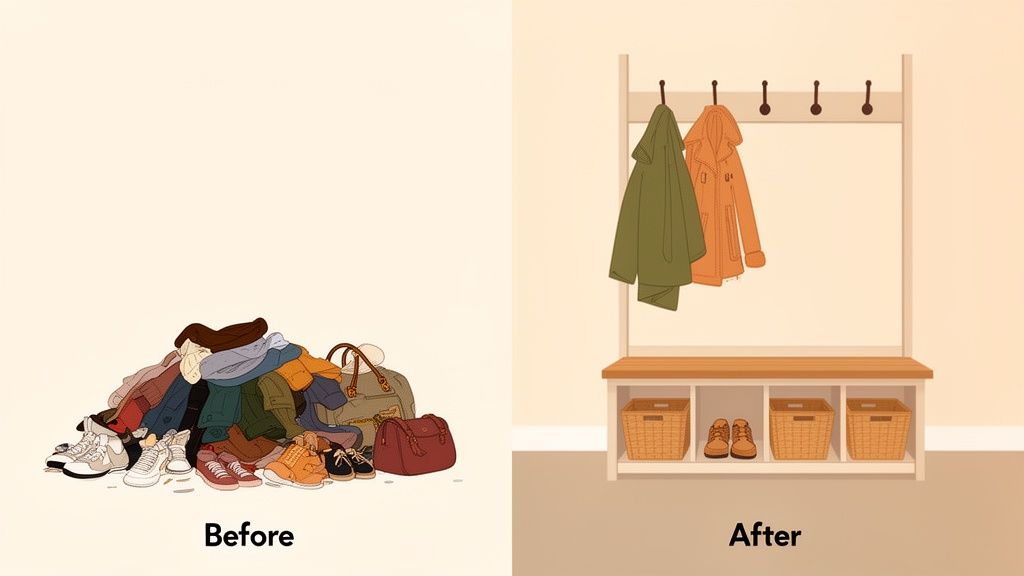 An image contrasting a messy pile of belongings with an organized entryway hall tree.