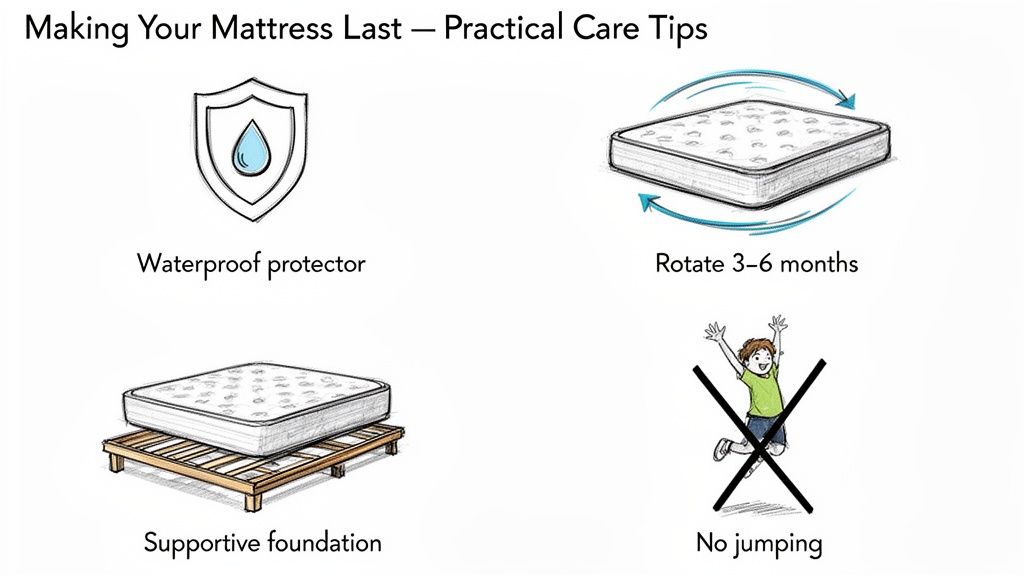 Infographic showing four practical tips to make a mattress last longer: waterproof protector, rotation, supportive foundation, and no jumping.