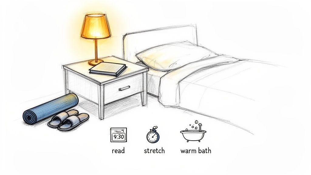 An illustration of a serene bedroom scene and icons for a calming bedtime routine.