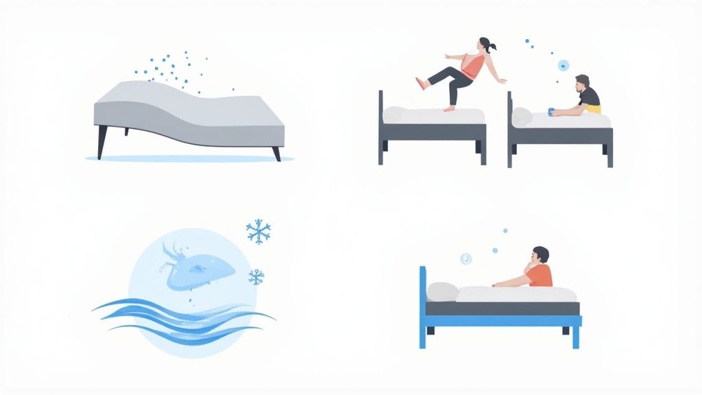 Four illustrations depicting mattress features like cooling, motion isolation, and personalized sleep comfort.