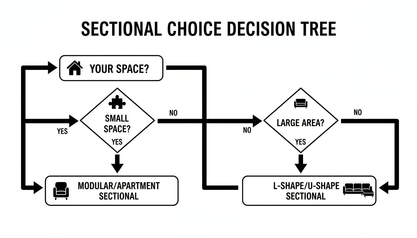 A sectional choice decision tree flowchart guiding users based on small or large space.