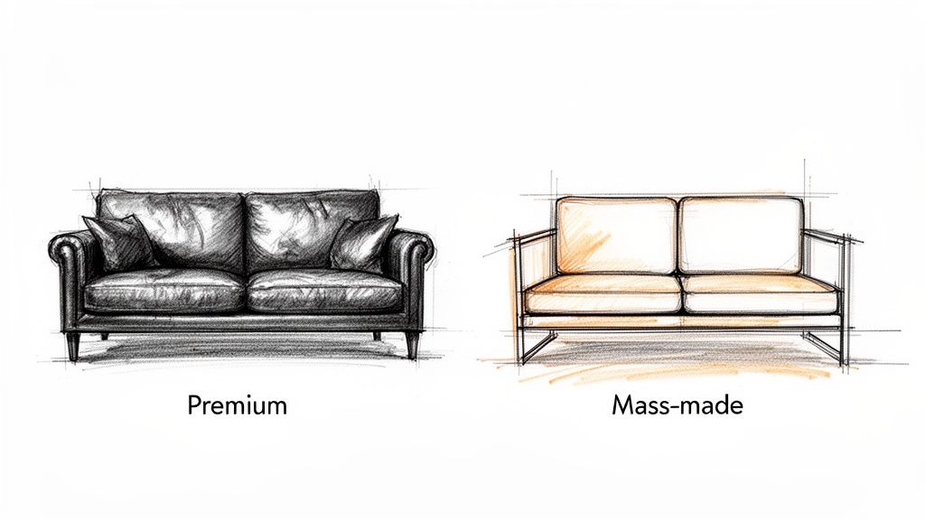 Sketches of two sofas: a premium, a traditional leather sofa and a mass-made, modern sofa.