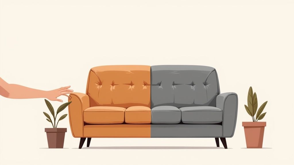 A two-tone sofa, half orange and half gray, with a hand touching the orange side and potted plants.