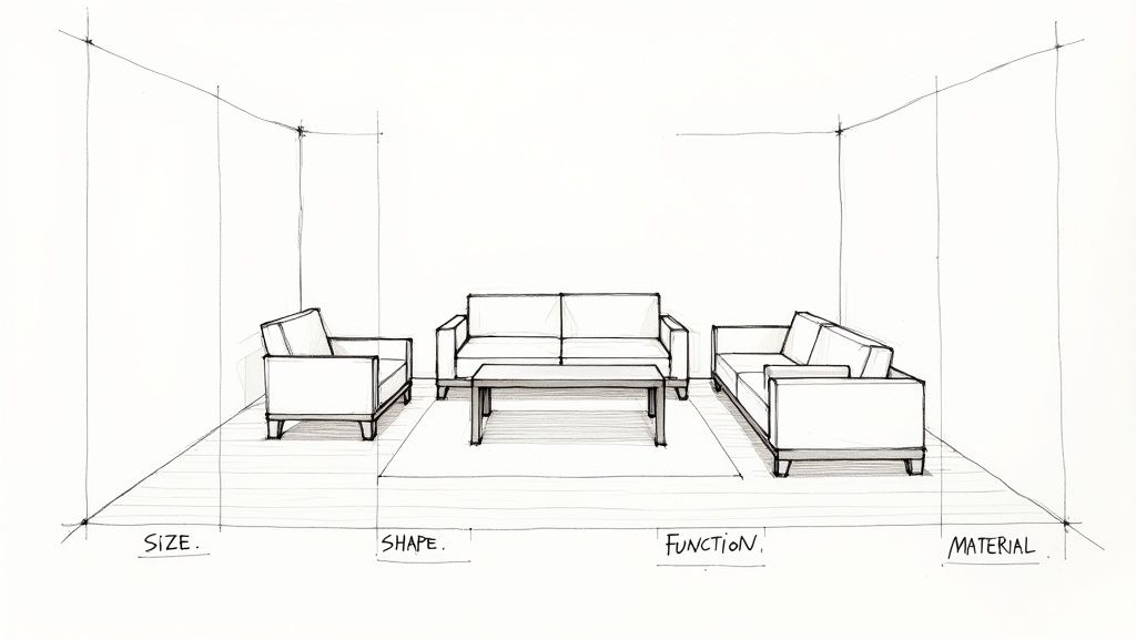 A detailed perspective sketch of a living room setup with two armchairs, a sofa, and a coffee table, illustrating design principles.