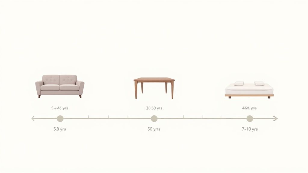 Timeline illustrating the average lifespan of a sofa (5.8 years), dining table (50 years), and bed (7-10 years).
