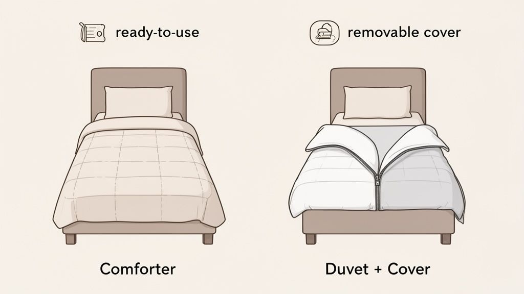 Illustration showing the difference between a ready-to-use comforter and a removable cover.