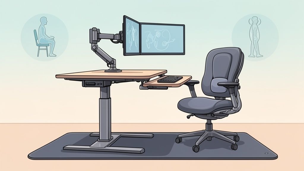 Ergonomic home office desk setup with a height-adjustable desk, dual monitors, and an office chair.