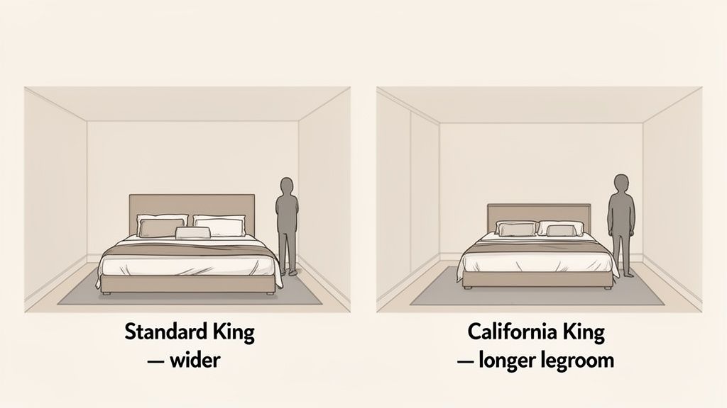Illustrations showing a Standard King bed (wider) and a California King bed (longer) in bedrooms.