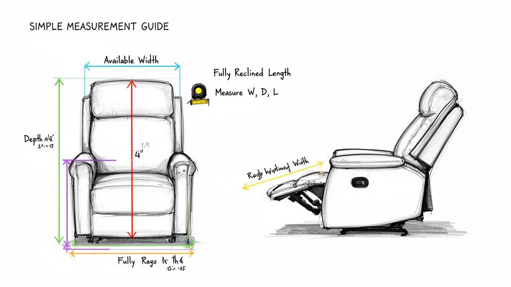 A simple measurement guide for a recliner chair, showing dimensions for upright and reclined positions.