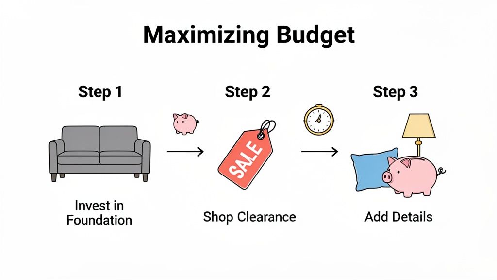 An infographic showing three steps to maximize budget: invest in foundation, shop clearance, and add details.