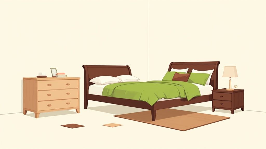 A cozy bedroom featuring a brown bed with green bedding, a wooden dresser, and a nightstand.