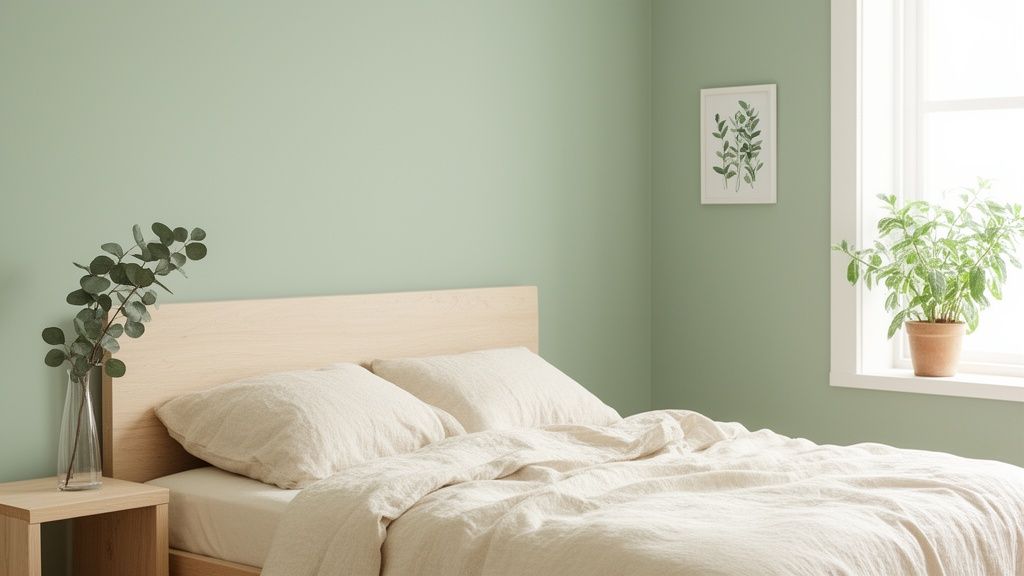 A serene bedroom featuring light green walls, a light wood bed, and natural decor.