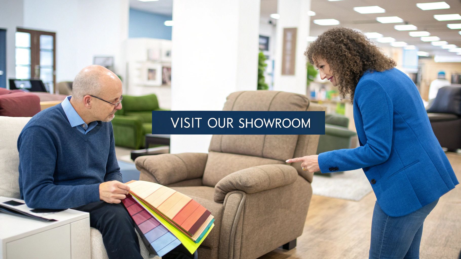 A man holding color swatches and a woman pointing at a recliner in a furniture showroom.