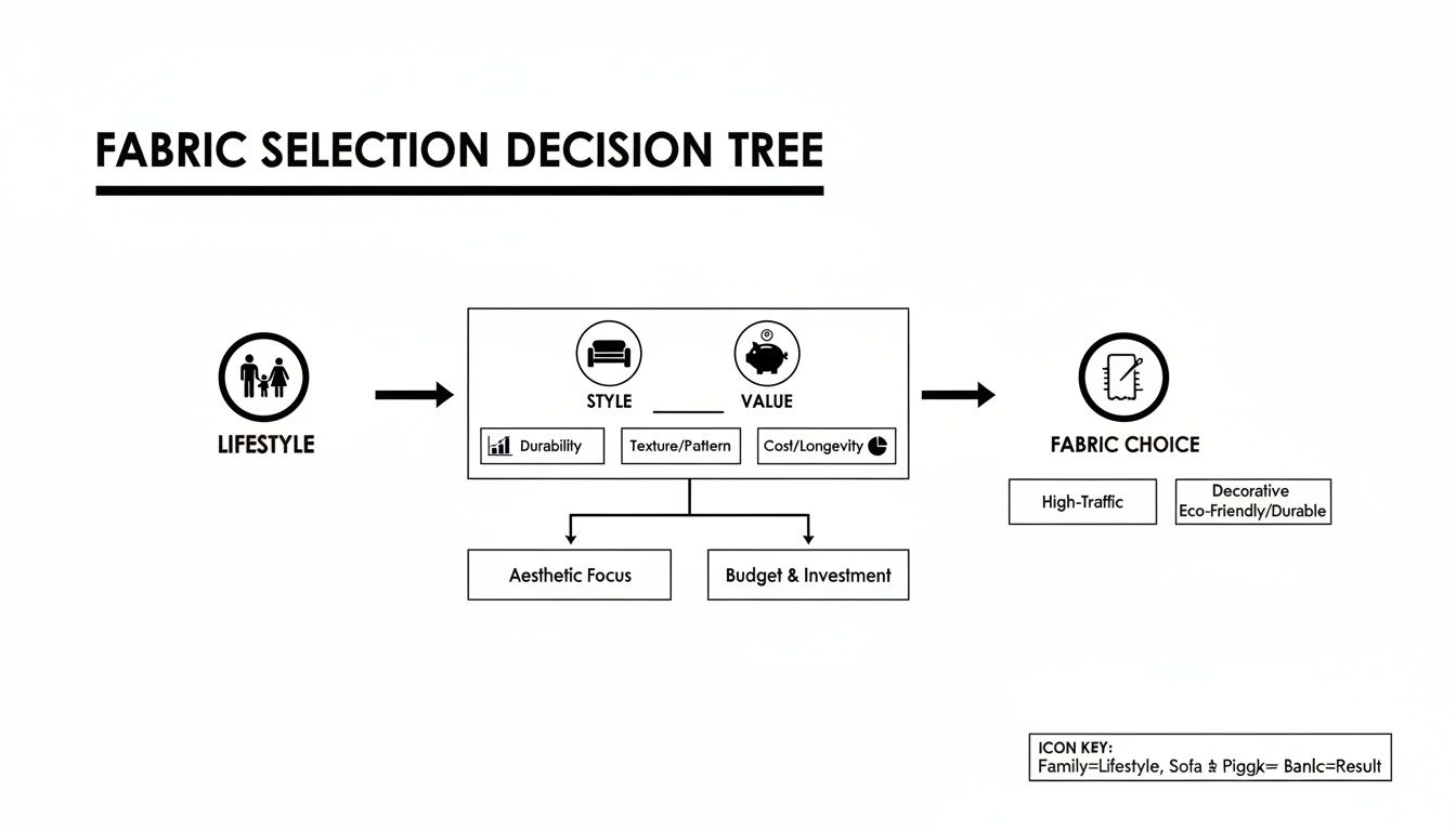 A decision tree diagram illustrating the process of selecting fabric based on lifestyle, style, value, and intended use.