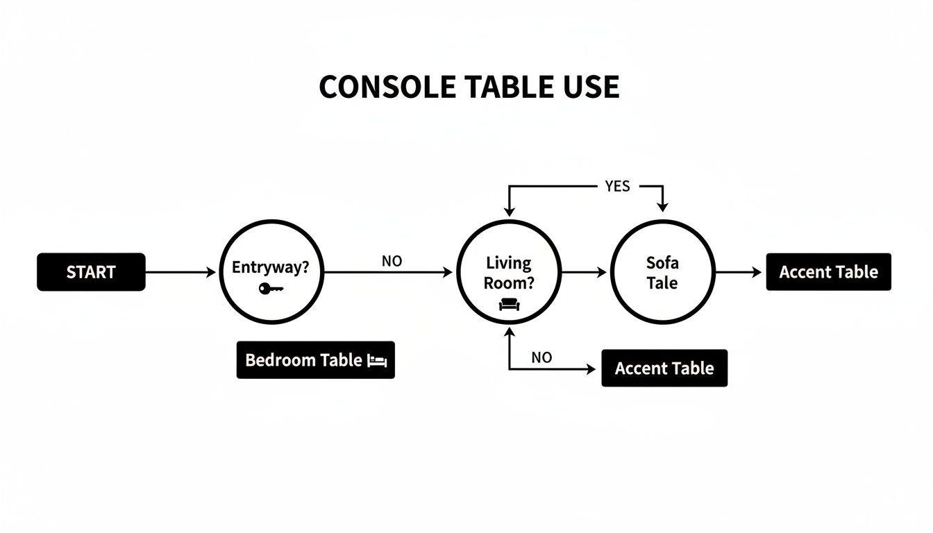 Flowchart illustrating different uses for a console table based on its room placement.