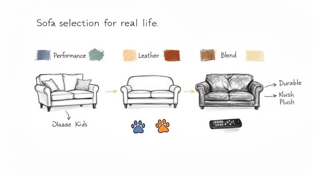 A diagram illustrating sofa selection for real life, considering performance, leather, blend fabrics, kids, and pets.