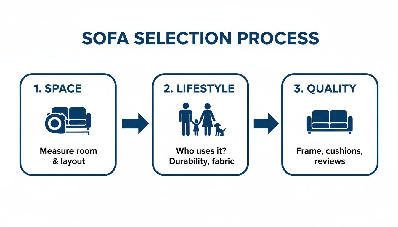 Diagram illustrating the 3-step sofa selection process: Space, Lifestyle, and Quality considerations.