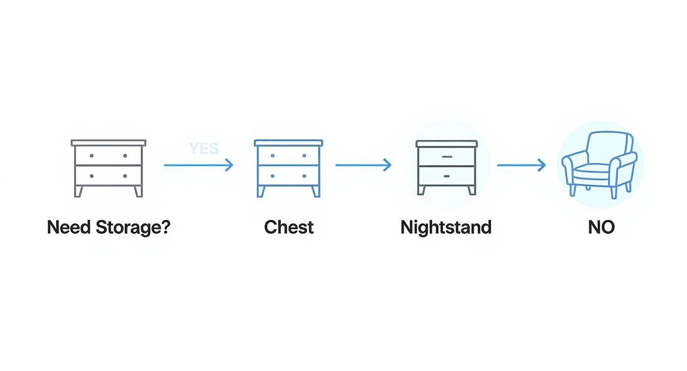 Infographic decision tree for choosing bedroom storage furniture.