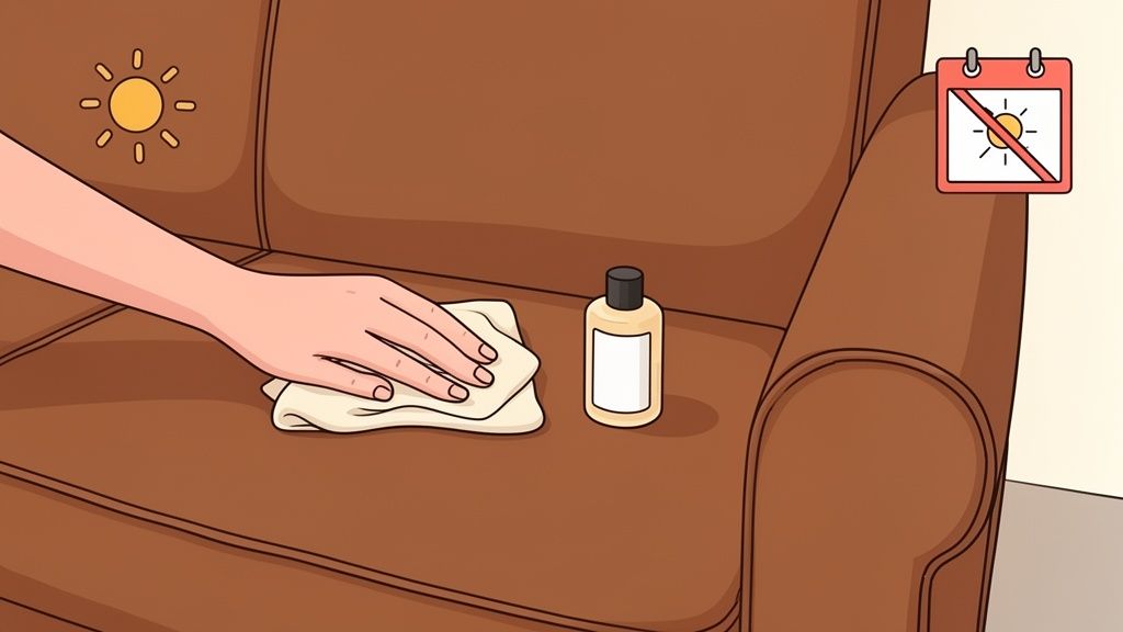 A hand cleaning a brown leather couch with a cloth and cleaner, avoiding direct sunlight.
