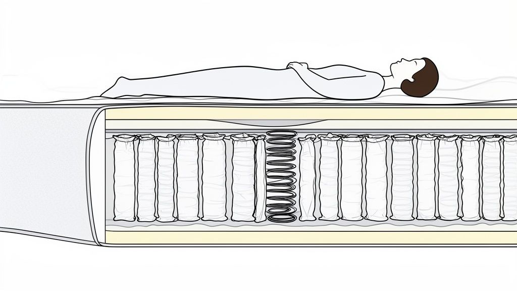 Cross-section of a pocket spring mattress with a person lying on it, showing adaptive support.