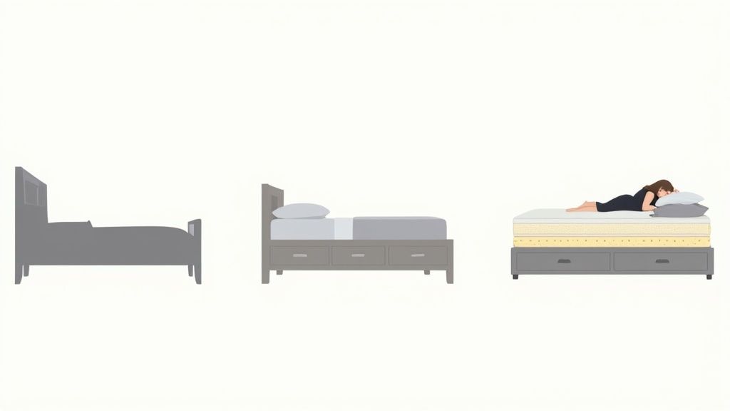 Solid wood sleigh bed in a well-lit bedroom