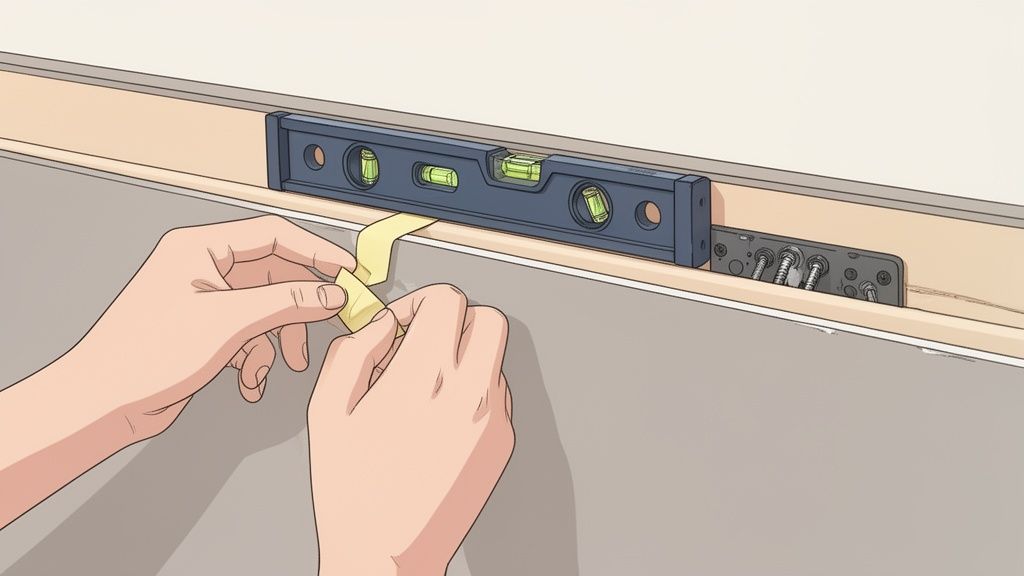Hands applying yellow masking tape to a wall, with a spirit level on a wooden support.
