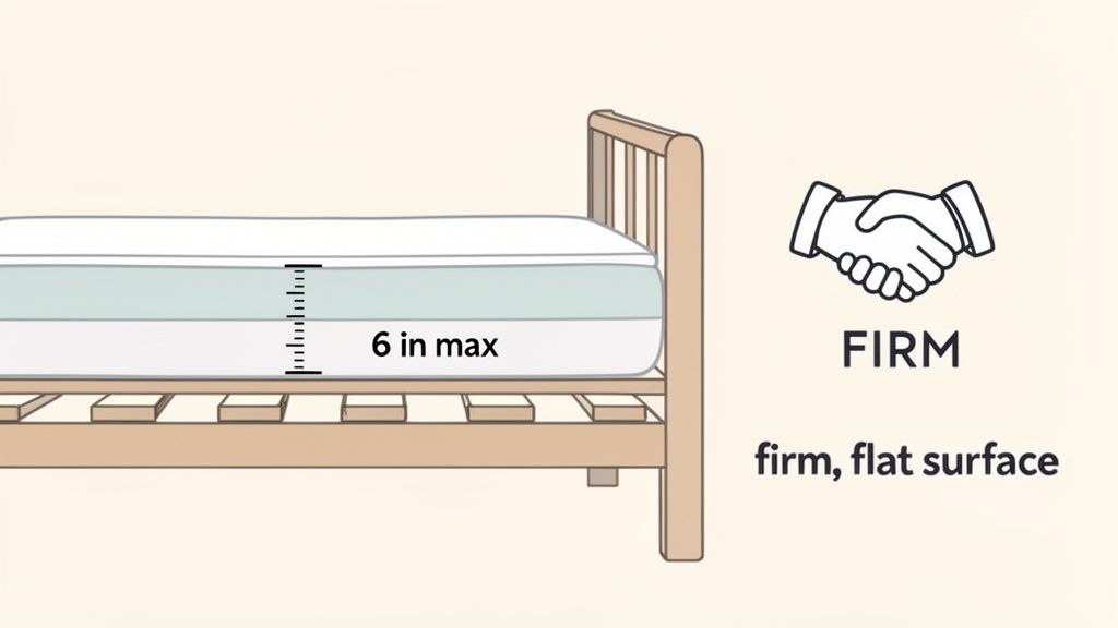 Illustration shows a crib mattress on a slatted bed frame, with '6 in max' height and 'FIRM, firm, flat surface' requirements.