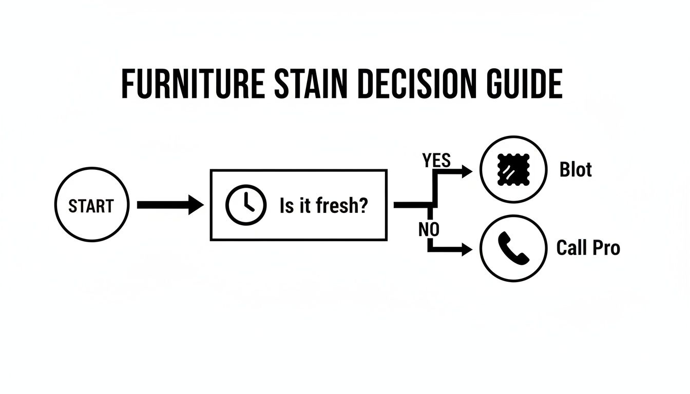 A flowchart guiding furniture stain removal: fresh stains should be blotted, while old stains require a professional.