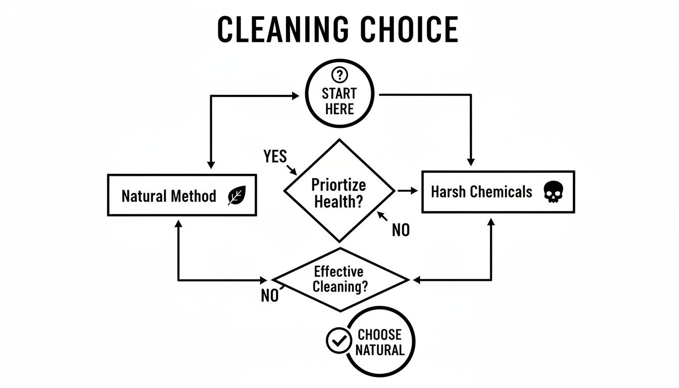 A flowchart titled 'Cleaning Choice' comparing natural methods vs. harsh chemicals based on health and effectiveness.