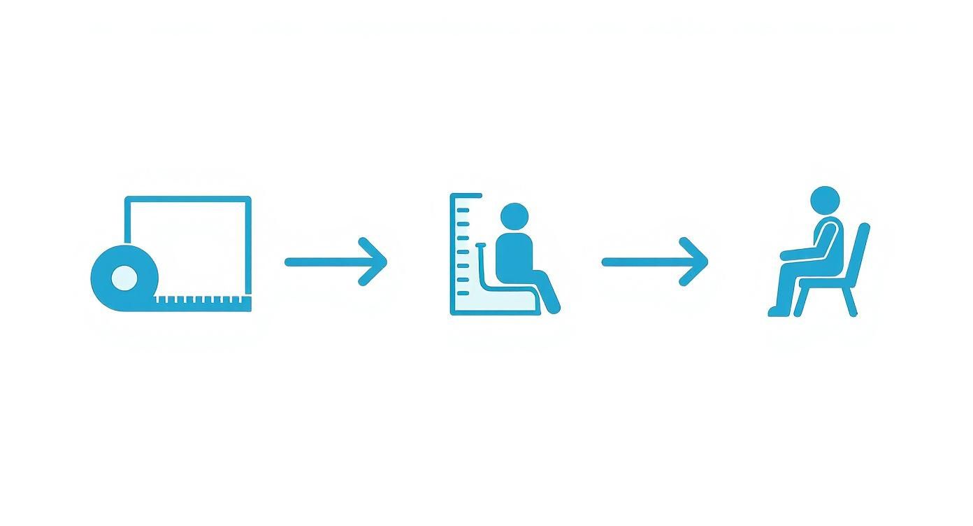Icons showing measuring tape, then a person being measured for a chair, leading to a comfortable fit.