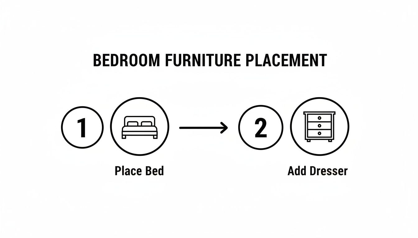 A diagram titled 'Bedroom Furniture Placement' showing two steps: 1. Place Bed (with bed icon), 2. Add Dresser (with dresser icon).