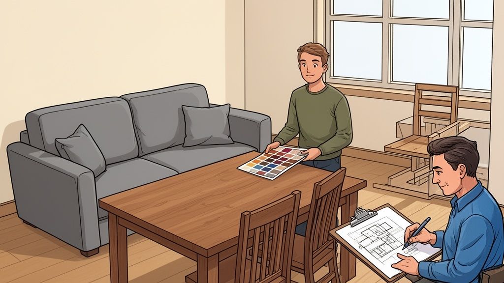 Two men planning interior design, one holding a color palette, the other drawing a floor plan.