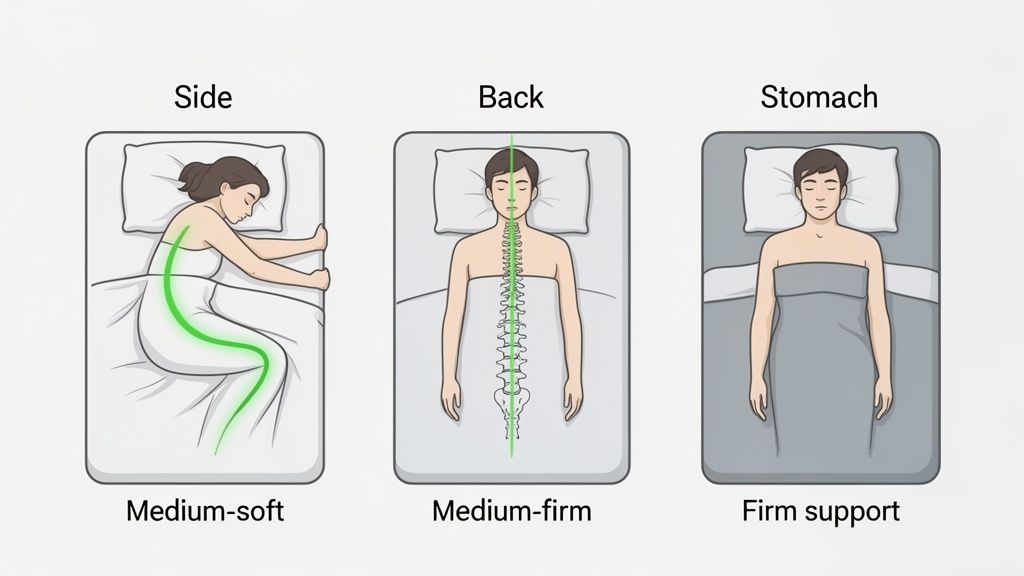 Illustration showing ideal mattress firmness for side, back, and stomach sleepers to maintain spinal alignment.