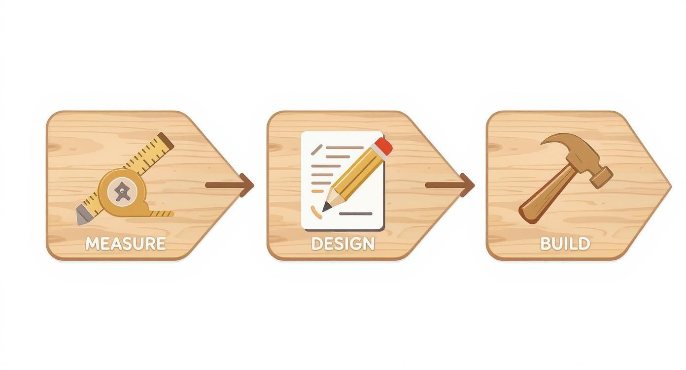Infographic showing the custom furniture process flow: Measure, Design, and Build.