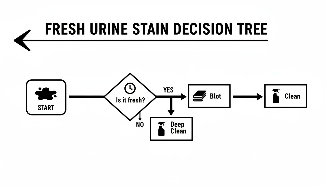 Flowchart outlining the decision process for cleaning urine stains, based on freshness.