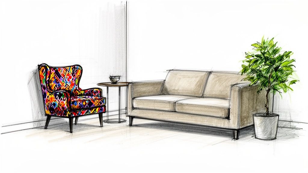 A colorful accent armchair, a neutral beige sofa, a side table, and a potted plant in a room sketch.