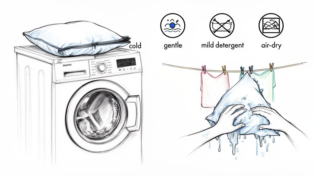 Illustration of washing instructions for a pillow: wash cold, gentle cycle, mild detergent, and air-dry.