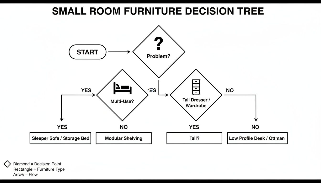 A flowchart decision tree for small room furniture selection, guiding choices based on multi-use and height needs.