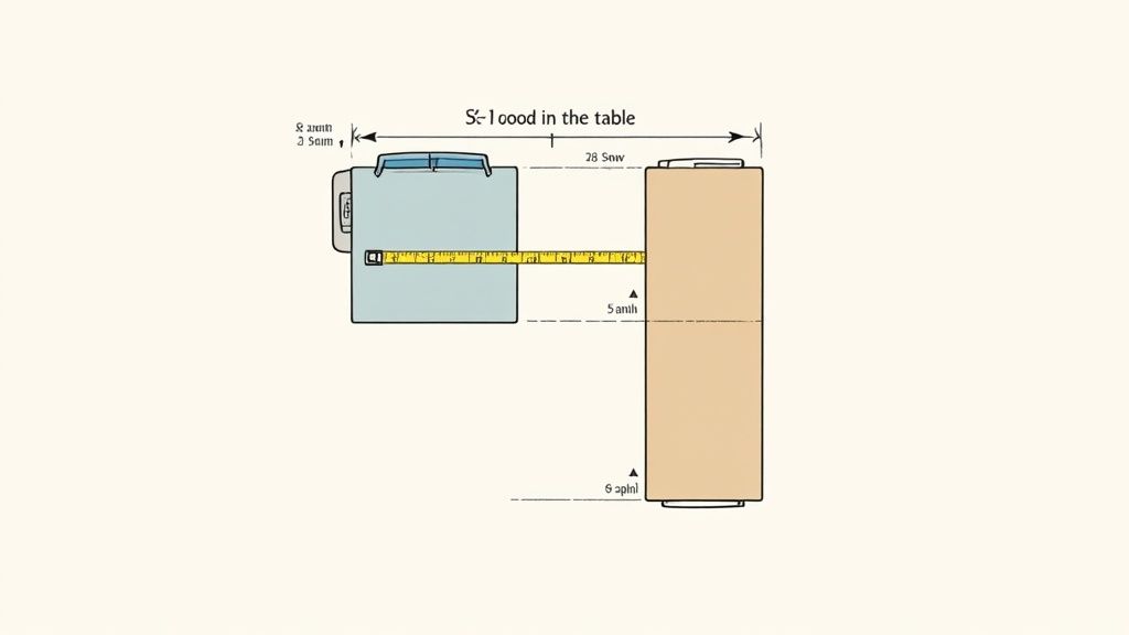 A person using a tape measure to measure the space for a kitchen table.