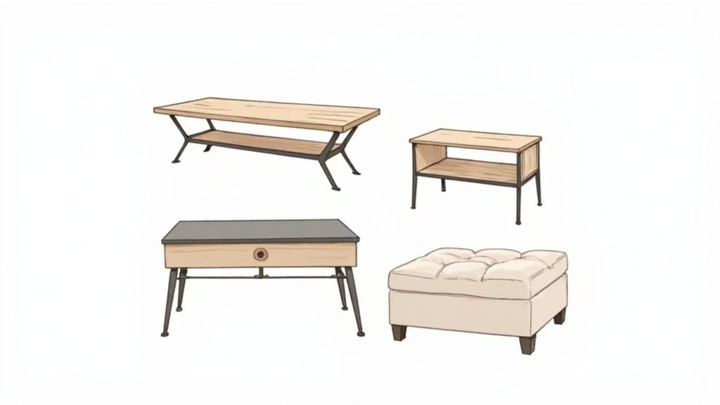 A living room with a solid wood Amish coffee table and complementary end tables.