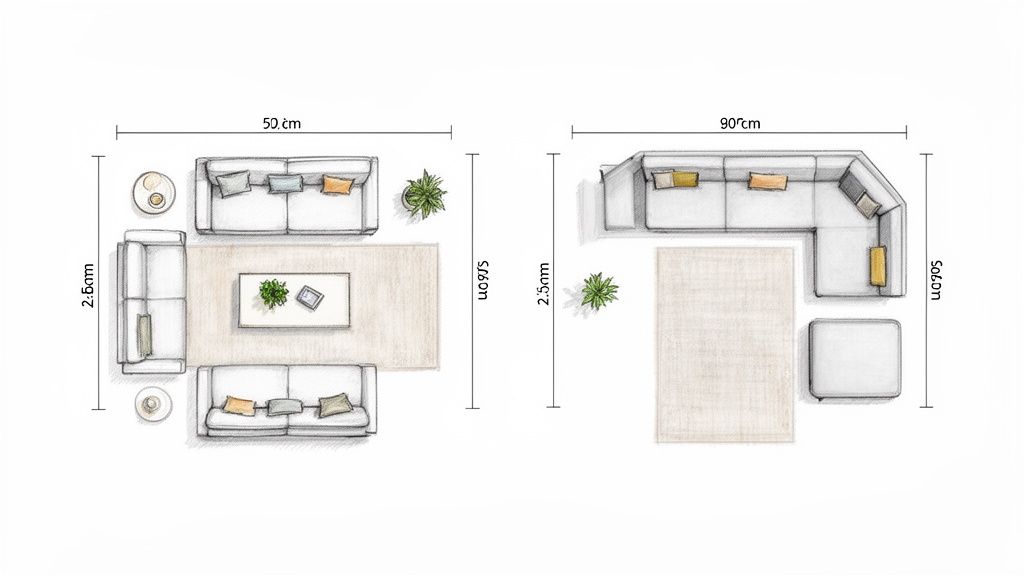 Top-down view of two living room layouts with sofas, tables, rugs, and dimensions shown.