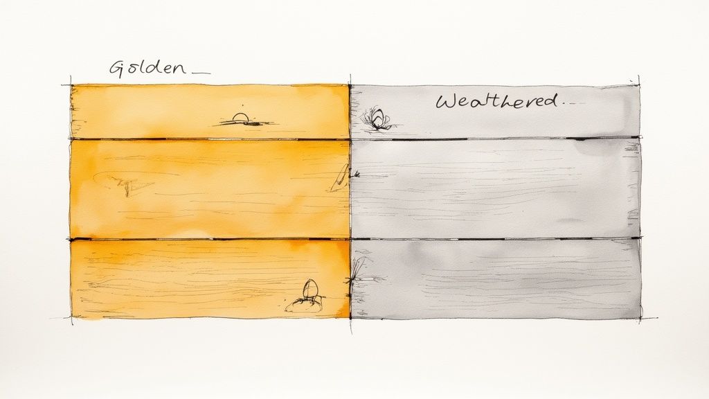 Watercolor illustration comparing golden and weathered wood planks, showing the effect of aging on wood color.