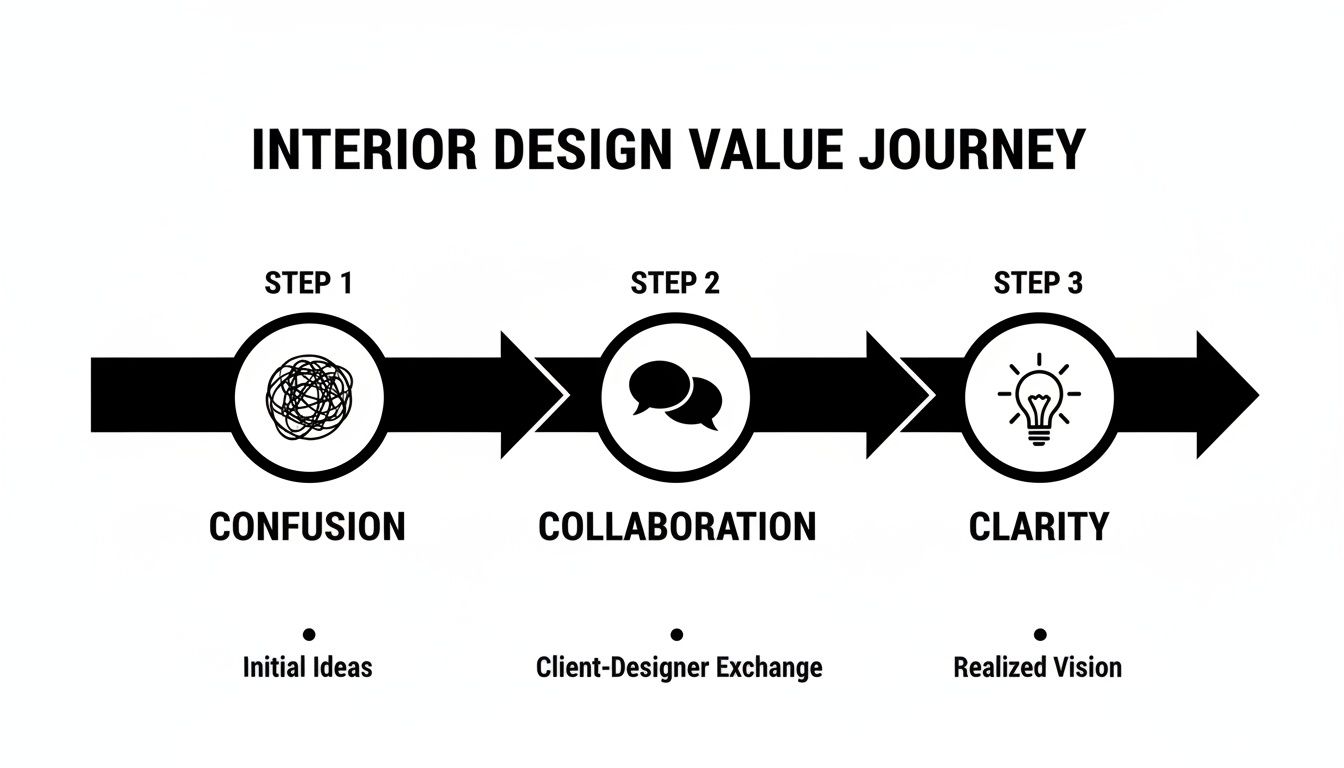 Flowchart illustrating the interior design value journey from initial confusion to realized clarity.