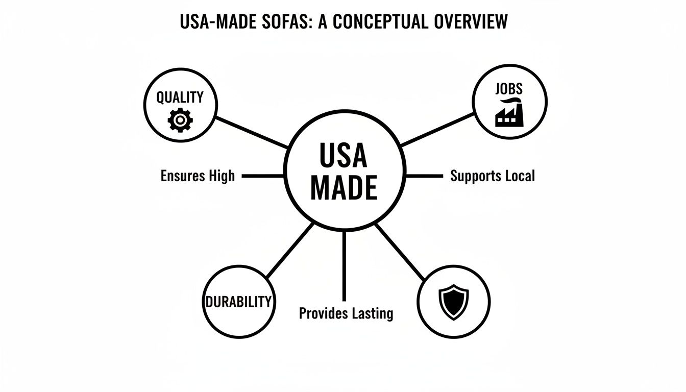 A conceptual overview diagram showcasing the benefits of USA-made sofas, emphasizing quality, jobs, and durability.