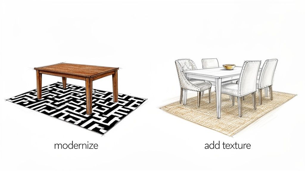 Illustration showing two dining table setups with different rugs: a modern geometric pattern and a textured neutral.