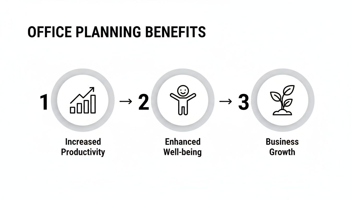 Infographic showing three benefits of office planning: increased productivity, enhanced well-being, and business growth.