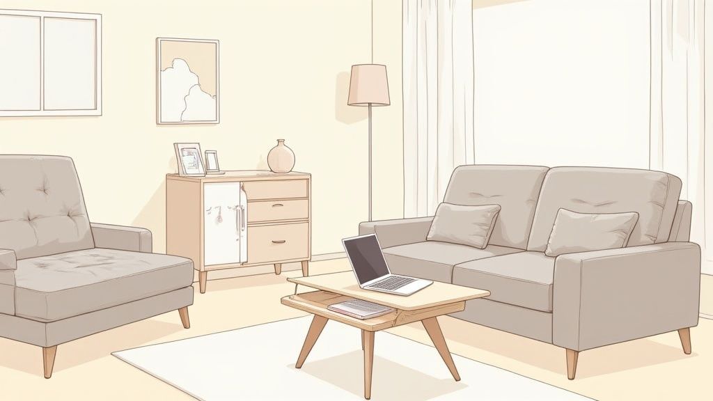 A stylish living room with a multifunctional coffee table and storage ottoman.
