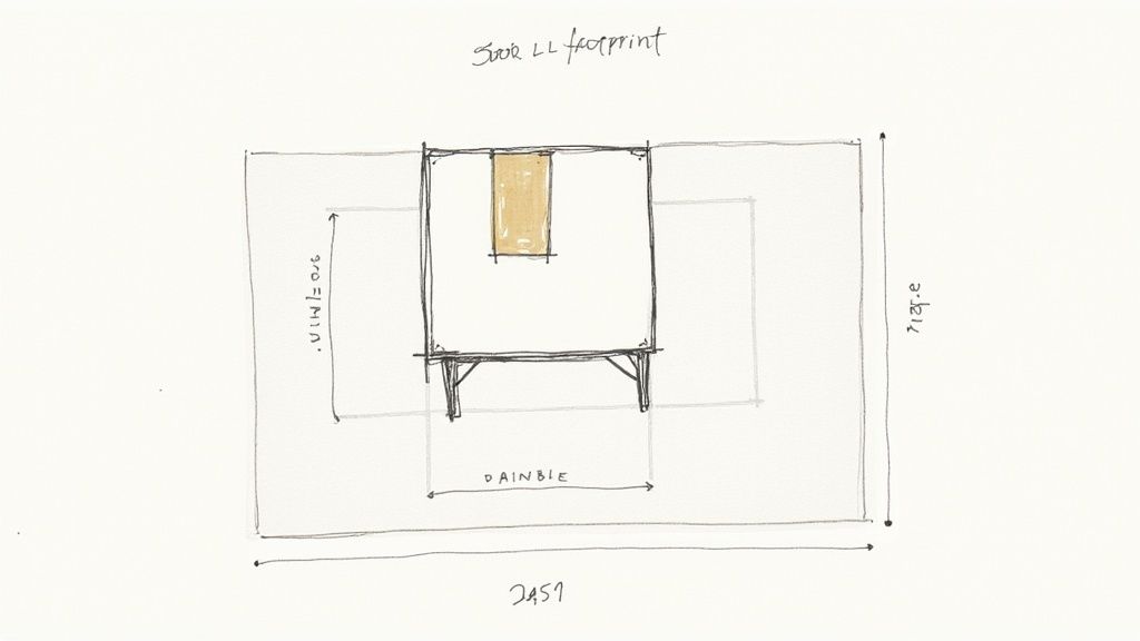A hand-drawn sketch showing a room footprint with a dining table layout and dimensions.