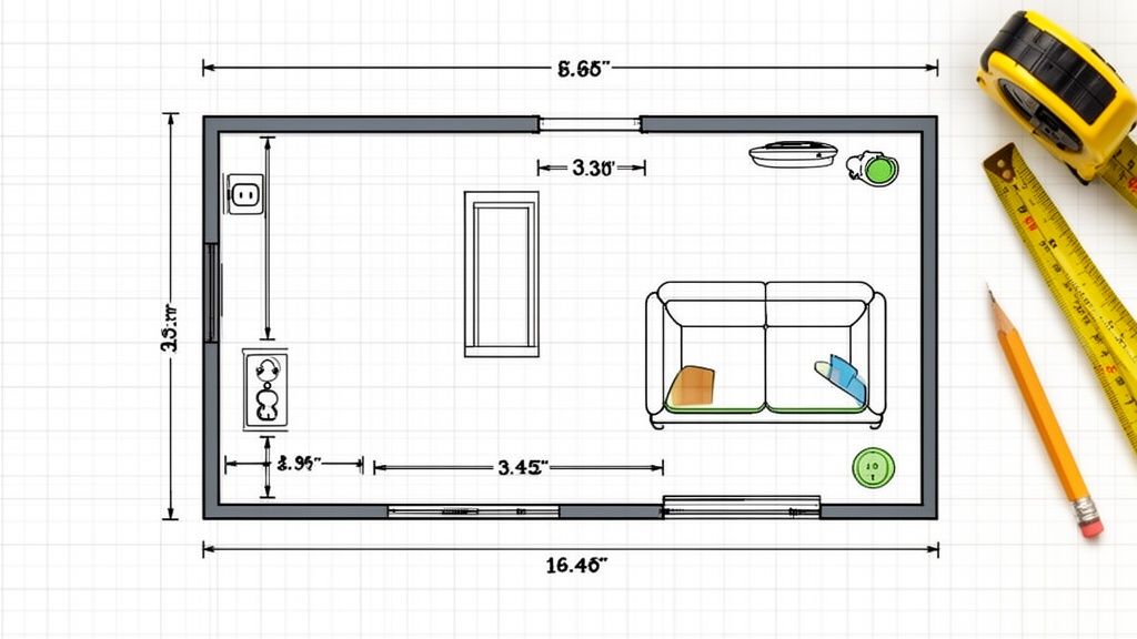 Top-down floor plan of a small living room with sofa, window, door, and dimensions on a grid.